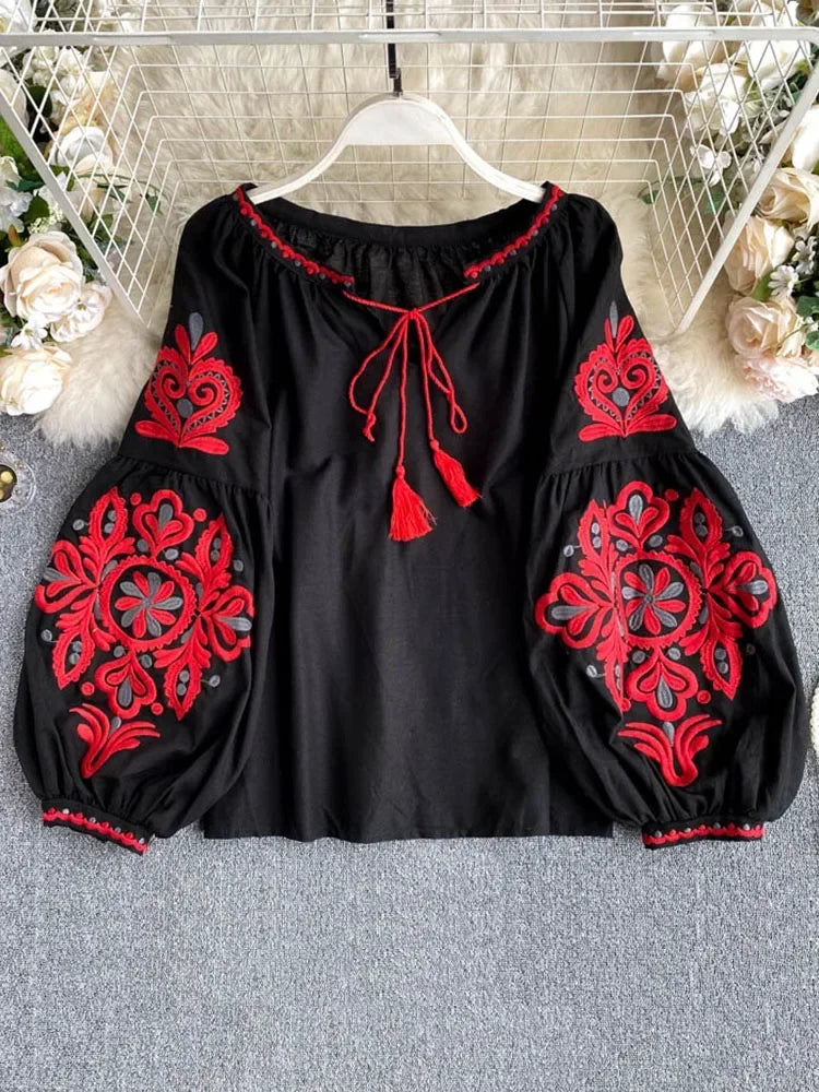 Women's Retro Blouse National Style Embroidered Lace-Up Tassel V-Neck Lantern Sleeve Tops Loose All-Match Female Blusa PL536