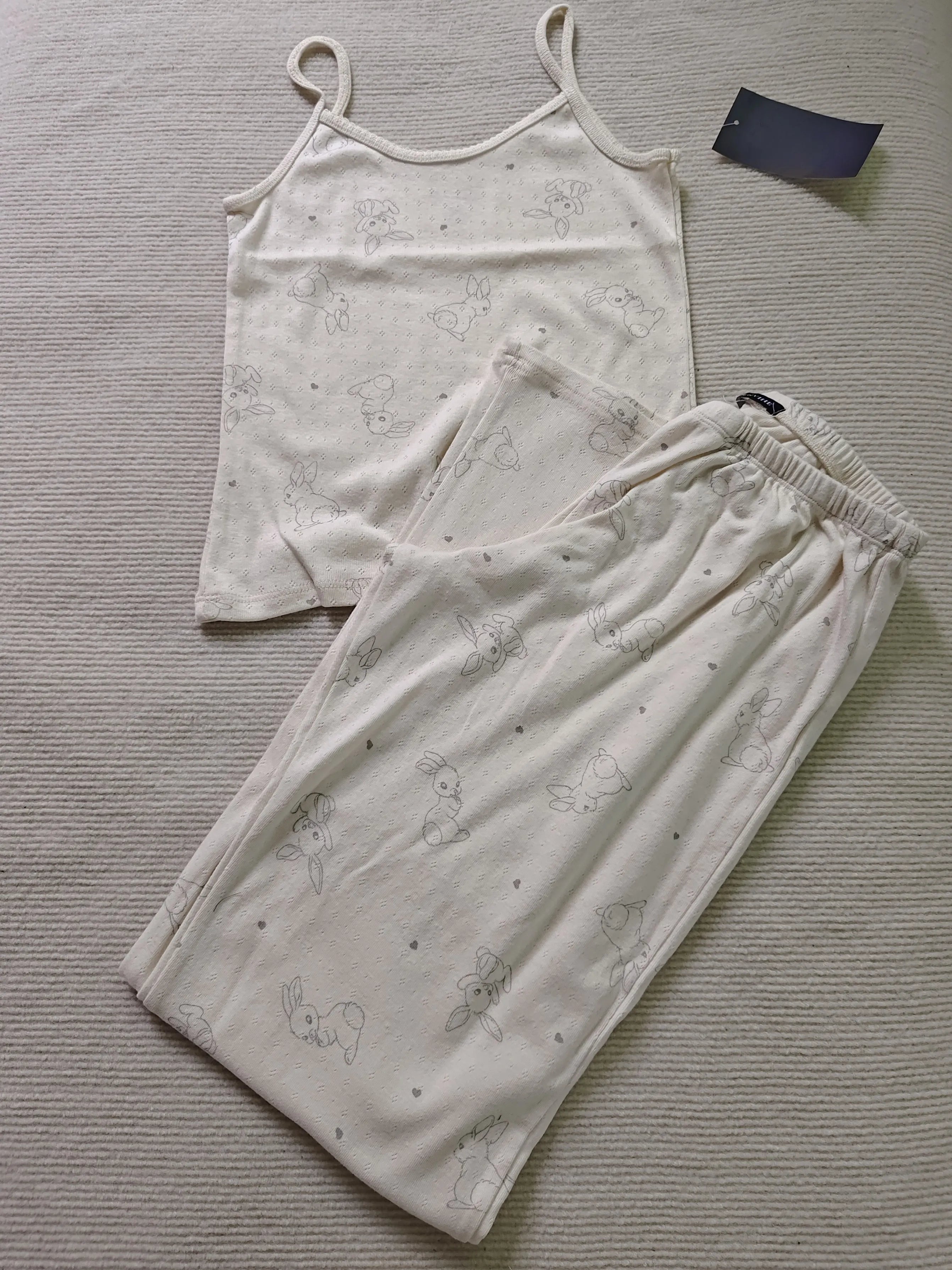 Skull Print Gray Vest Pants 2 Pieces Set Pajama Woman Sleeveless Slim Tank Top High Waist Straight Long Pant Cotton Vintage Sets