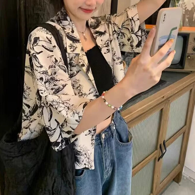 Print Shirts Women Vintage Short-sleeve Unisex Cropped Loose Casual French Style Aesthetic Summer Holiday Ins All-match Students