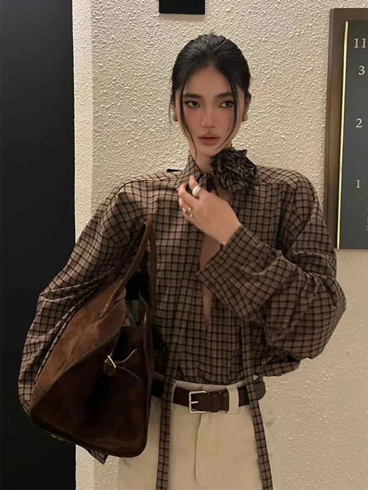 Jmprs Hollow Out Y2K Plaid Shirts Women Streetwear Vintage 3D Floral Lace Up Blouse Gothic Long Sleeve Loose American Casual Top