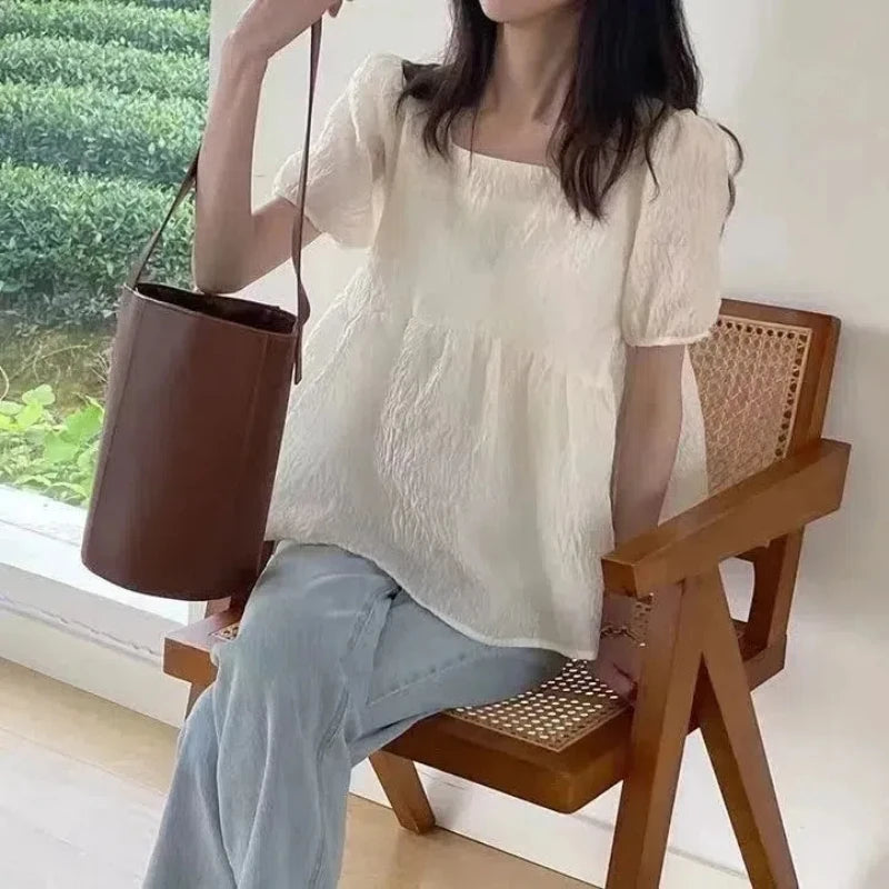 Summer New Black Loose All-match Korean Blouse Short Sleeve Solid Color Pleated Trend Shirt Tops Fashion Casual Women Clothing