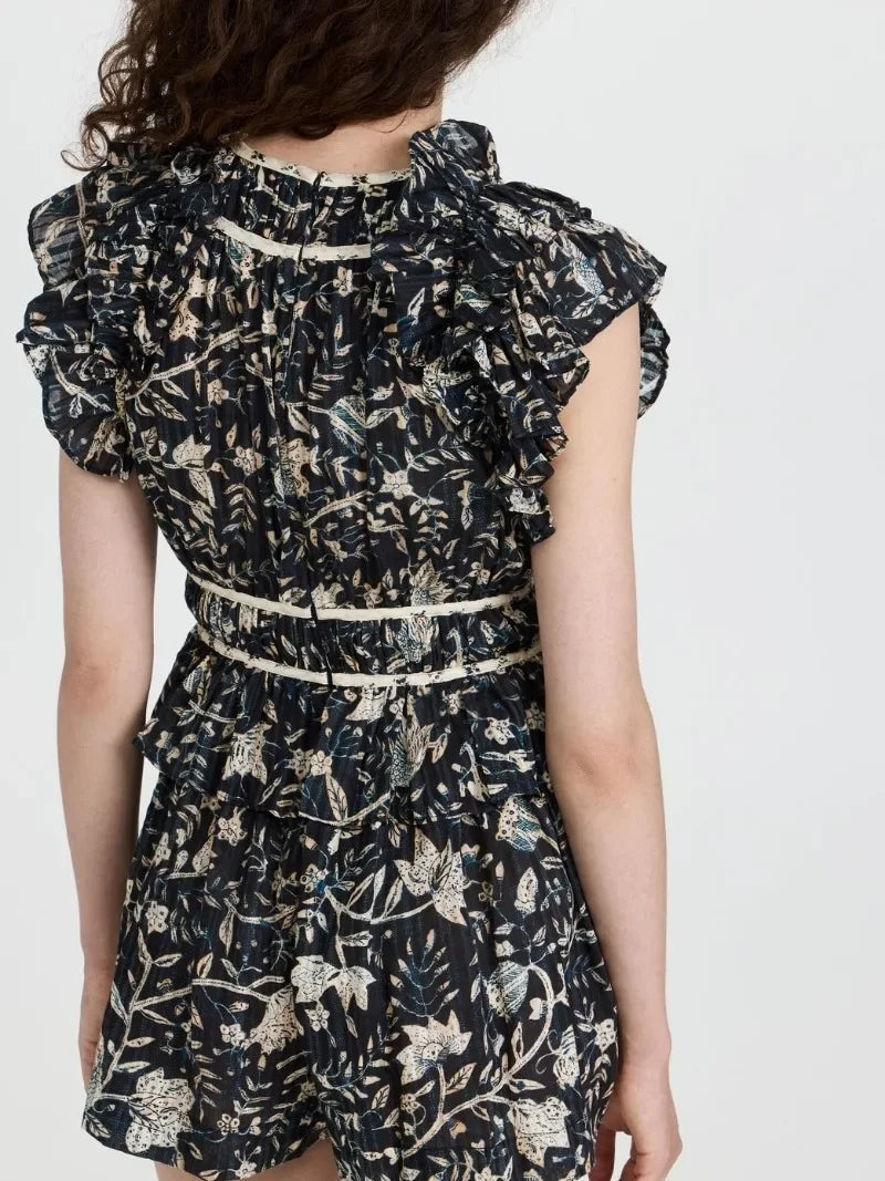 2024 New Spring Summer High Quality Fashion Flower Print Ruffled Woman Beach Style Casural Playsuit