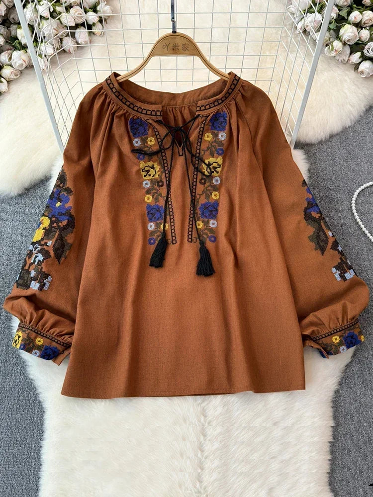 2025 Spring Retro Embroidered Shirt Top Female Lace Up Tassel Loose Lantern Sleeves Ethnic Style Blouse Female A70
