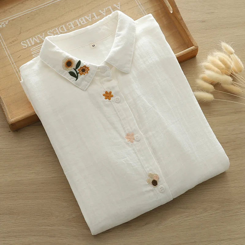 Cotton yarn base shirts woman tops 2025 Japan style elegant plus size white blouses long sleeve heart-shaped embroidered shirts