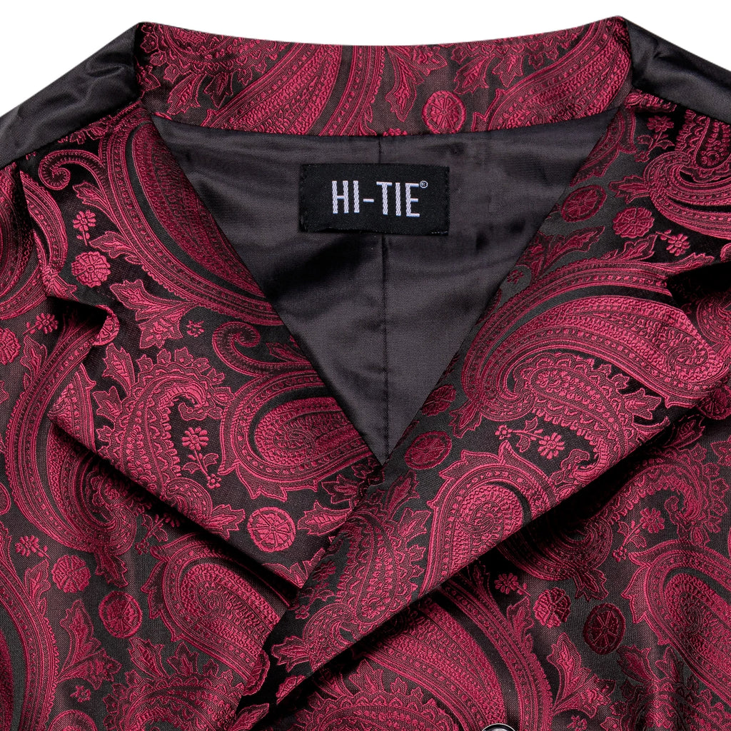 Hi-Tie Dark Red Men's Vests Silk Paisley Jacquard Waistcoat Jacket NeckTie Hanky Cufflinks for Men Business Party Designer Gifts