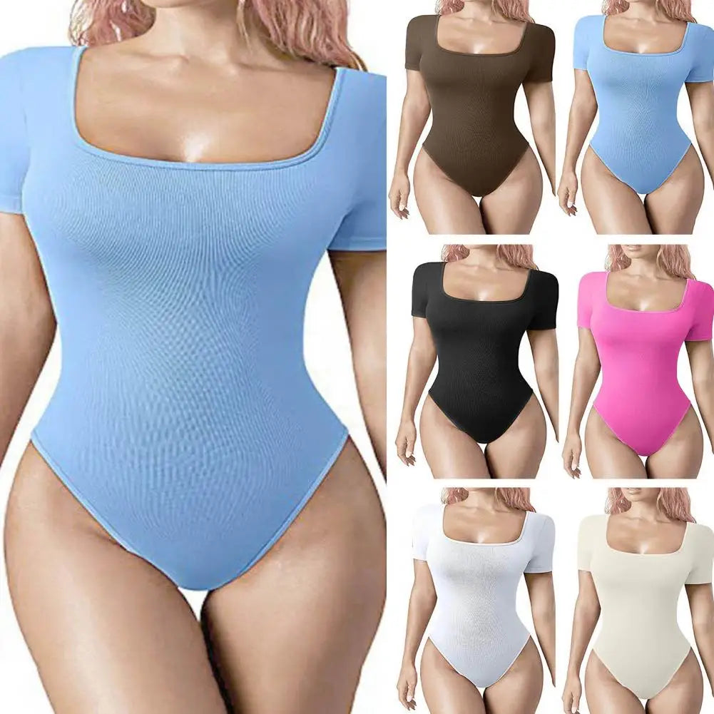 Women Solid Color Playsuit High Elasticity Tummy Control Bodysuit for Women Square Neck Playsuit with Tight Waist Short Sleeves