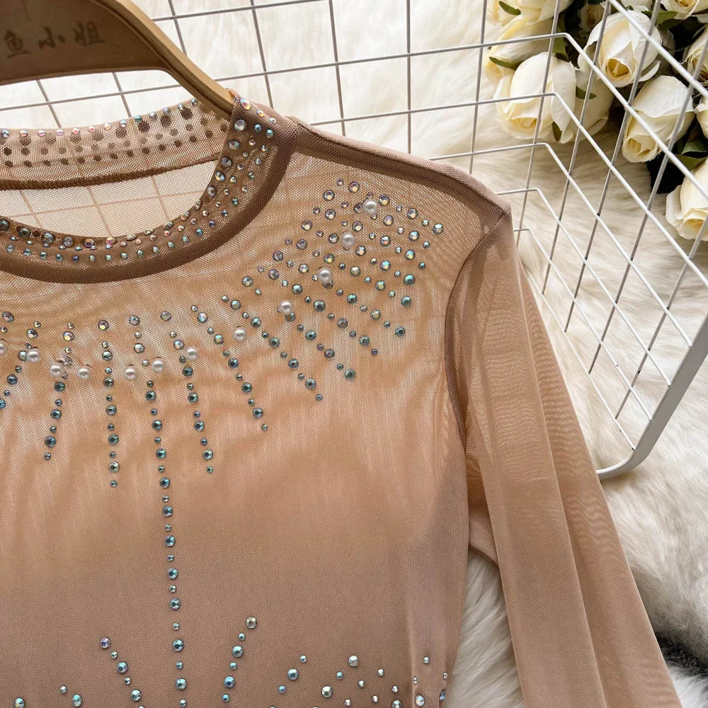 Beading Sequins Mesh Bodysuits Women O Neck Summer Sexy Party Club Long Sleeves Ladies Fashion Solid Rompers dropshipping