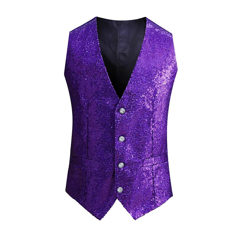 Red Shiny Sequins Single Breasted Sleeveless Vest Men's V-Neck Waistcoat Gold Black White Blue Purple Available M L XL XXL XXXL