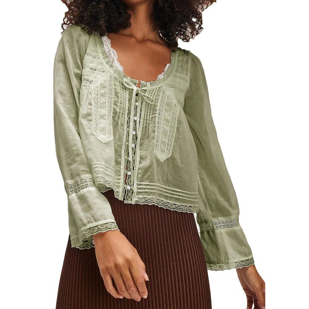 Combhasaki Women's Y2K Fairy Long Sleeve Square Neck Shirts Lace Patchwork See-through Tie-up Front Button-down Blouse Crop Tops