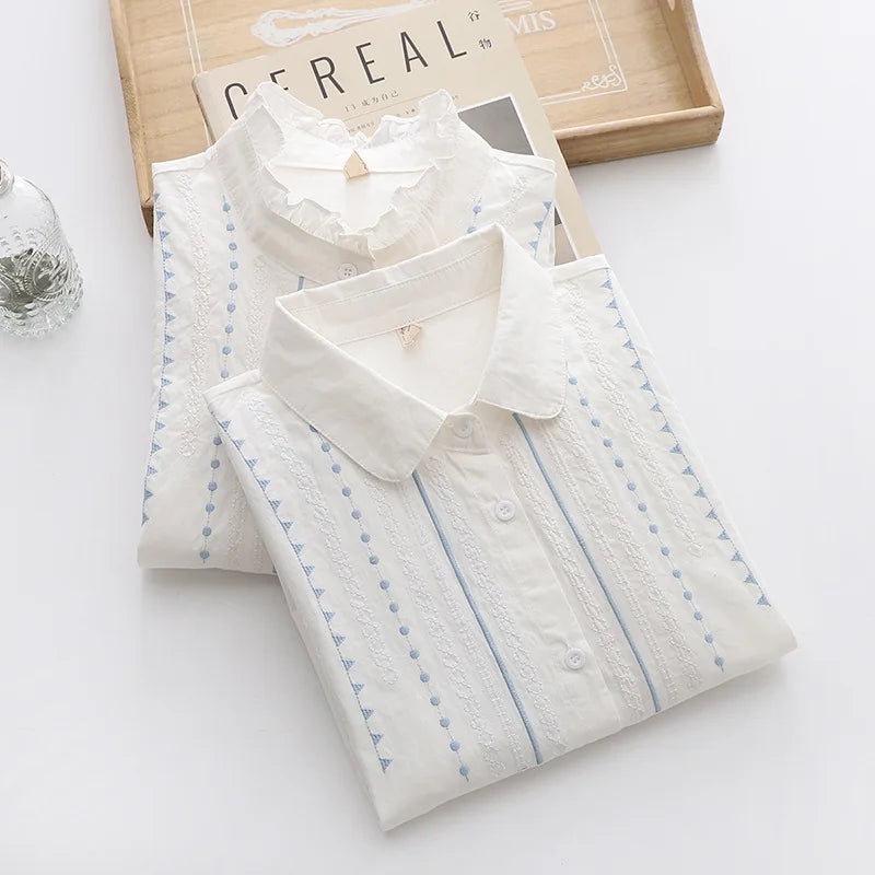 Embroidery Cotton Women's Long Sleeve Shirts 2024 Autumn New Art Jacquard Ladies Lace Collar White Casual Blouses & Tops