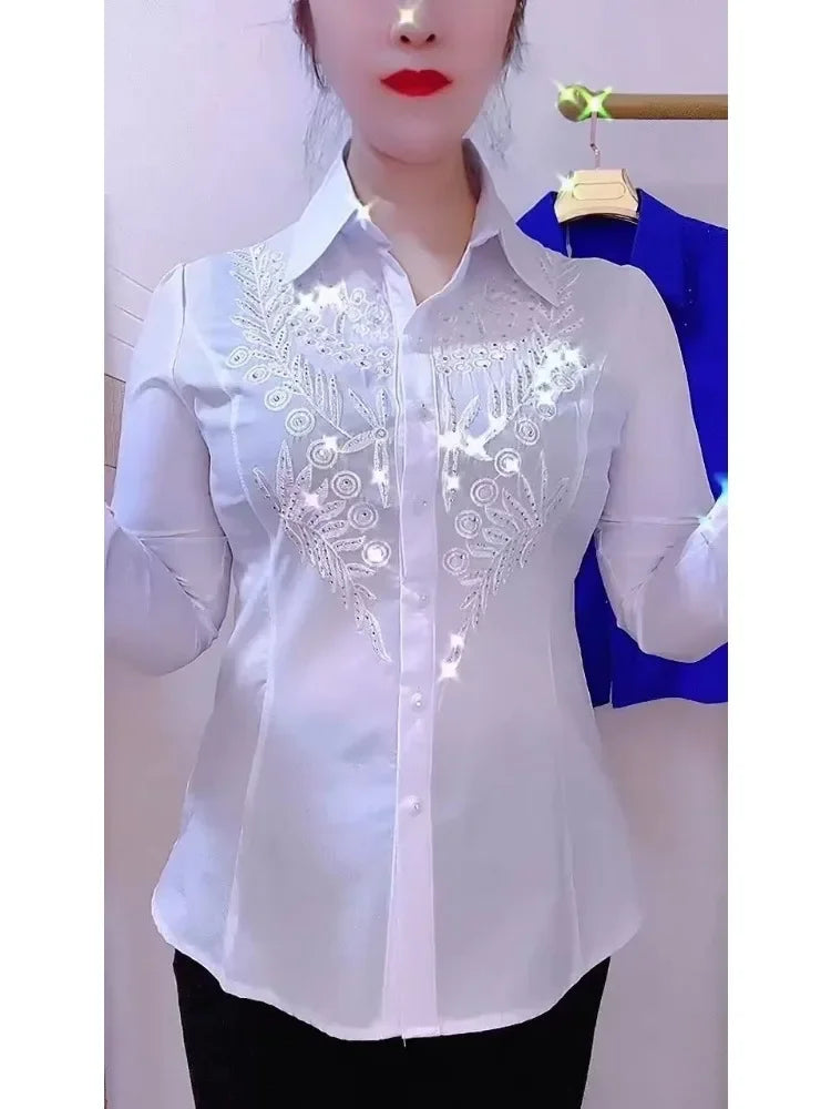 Shiny Sequins Long Sleeve White Shirt New High End Chic High Design Embroidery Hot Diamond Blouses Women Tops Red Blue