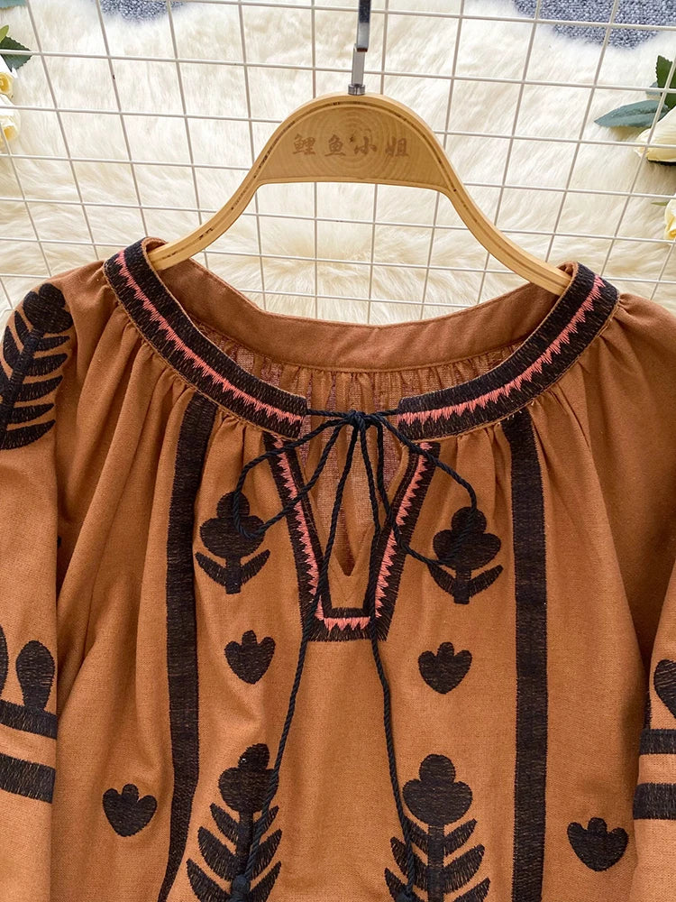 Spring Autumn New Vintage Lantern Sleeve Shirt Women's Embroidered Round Neck Strap Loose Casual Versatile Hoodie Blouse Top D11