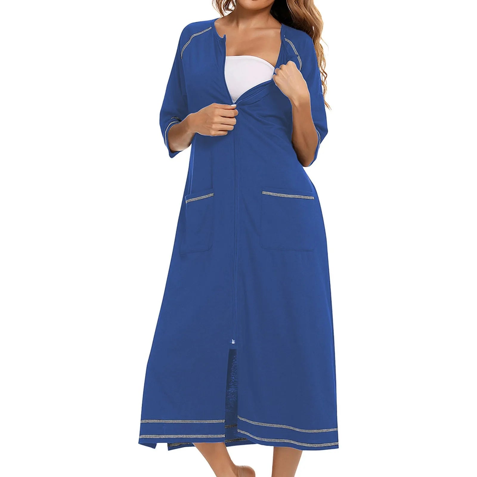 Summer Dresses For Women 2024 Zipper Front Robe Half Sleeve Bathrobe Full Length Soft Cotton Duster Dress With Pockets Home Wear
