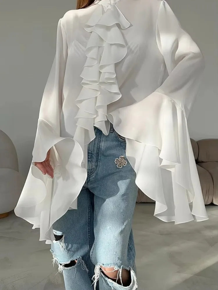 Elegant Ladies Chiffon Shirt Top Fashion O-Neck Trumpet Sleeve Ruffled Single-Breasted Loose Casual Solid Color Top