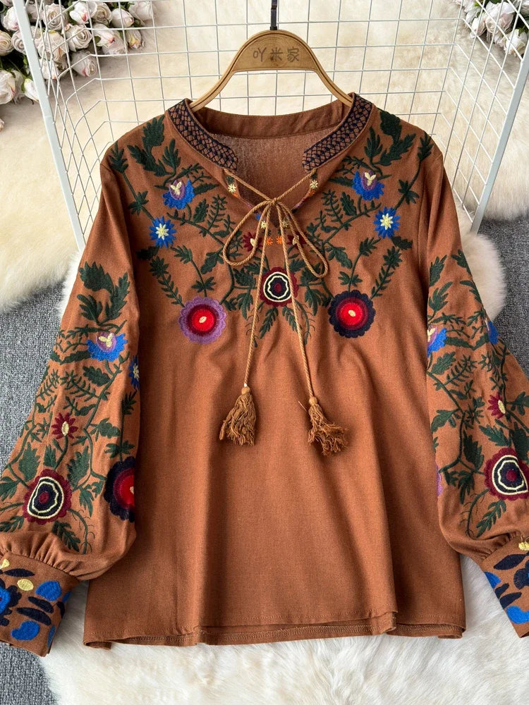 Women's Retro Blouse National Style Embroidered Lace-Up Tassel V-Neck Lantern Sleeve Tops Loose All-Match Female Blusa A21