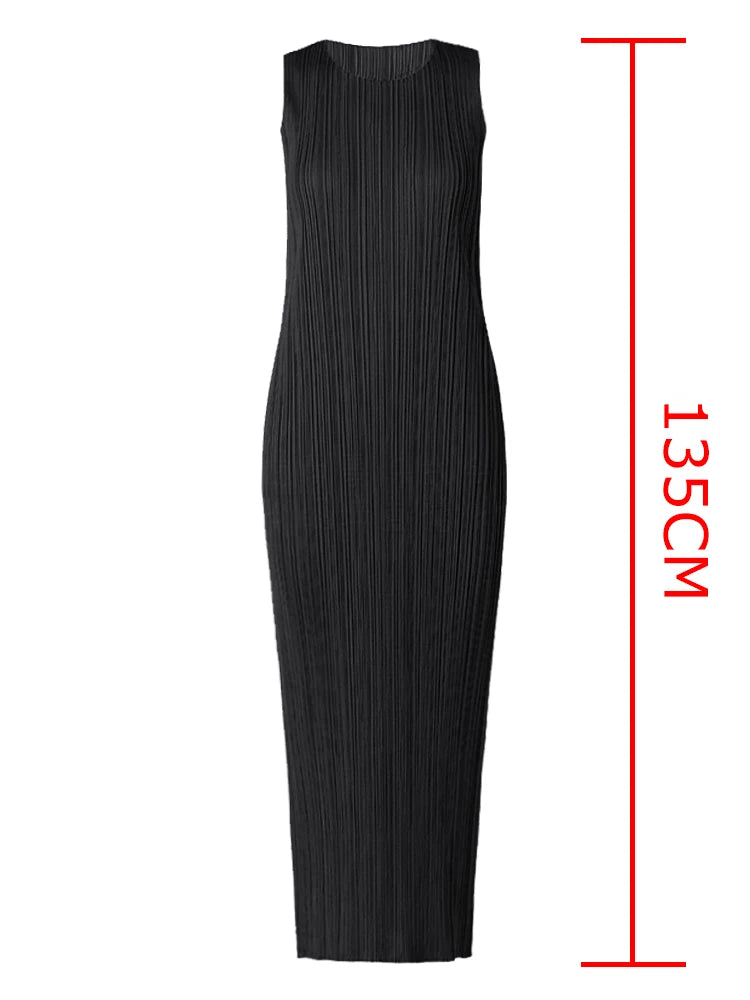 Miyake Pleated Women Dress Summer Sleeveless Long Classic Korean Fashion Casual Elegant Female Lce Water Blue Beach Dress TP5045