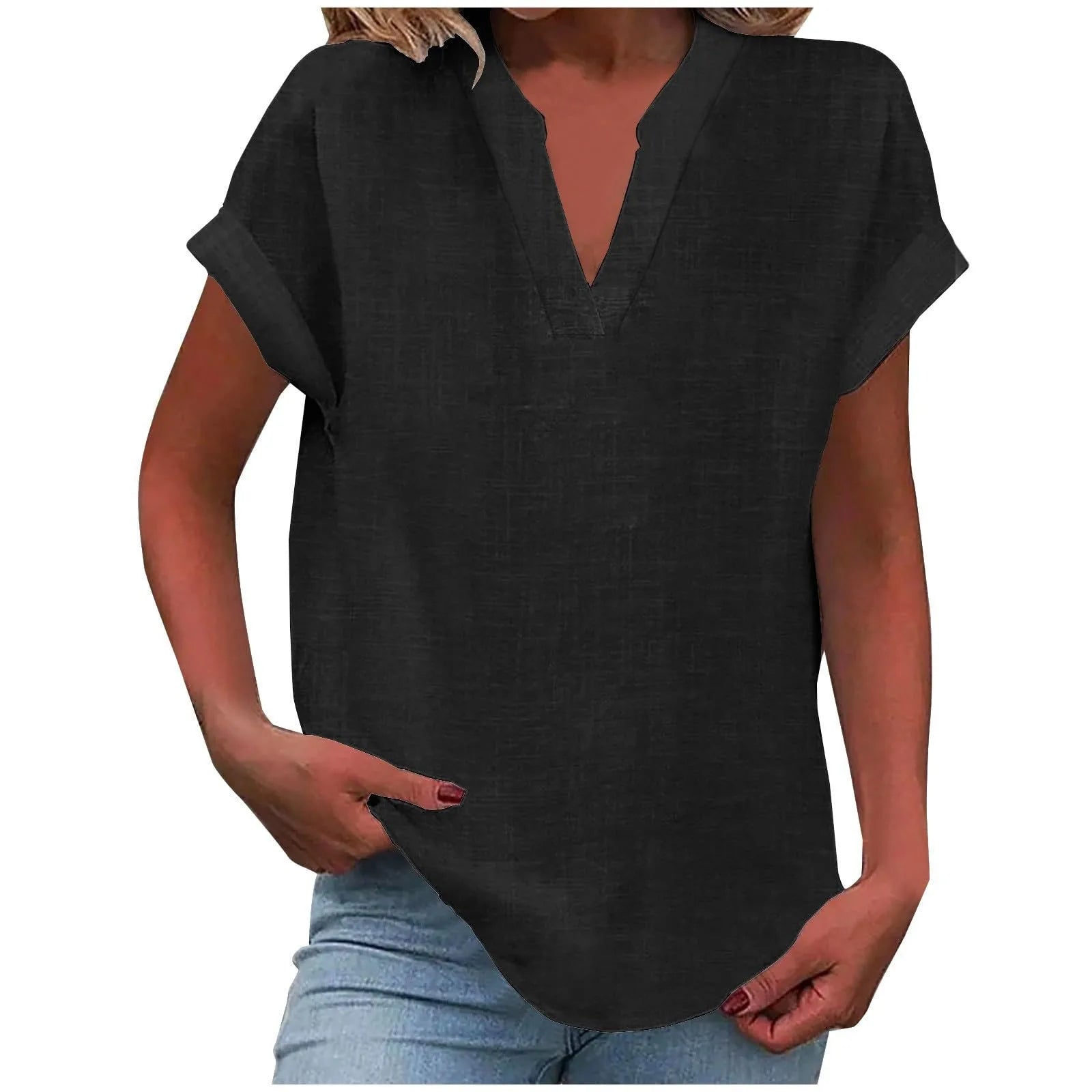 Summer Cotton Linen Breathable Solid Color Button Down V-neck Shirt Basic And Versatile Casual Comfortable Lady Office Tops 2025