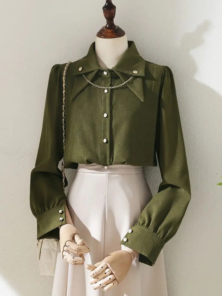 Brushed Corduroy Lapel Long-sleeved Shirt Women's Autumn and Winter New Design Chain Retro Shirt Thickened Bottoming Top