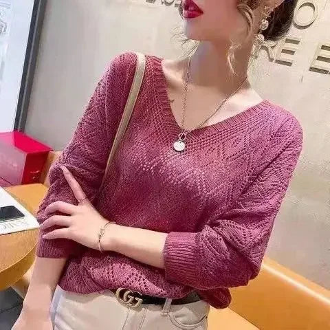 Women's Sweater Fashion V-neck Crochet Hollow Knit Sweater Autumn Thin Loose Bat Shirt Short Paragraph Ladies Tops Korean Jumper