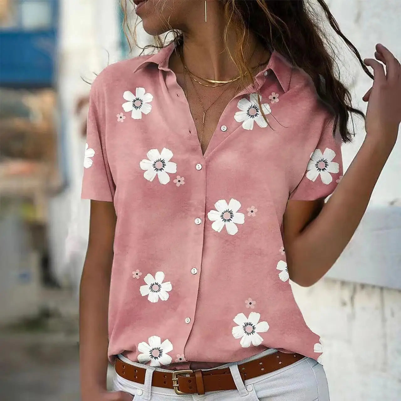 Women's Spring Summer New Style Slimming Fashion Flower Printed Short Sleeve Collar Loose Casual Comfortable Button Shirt