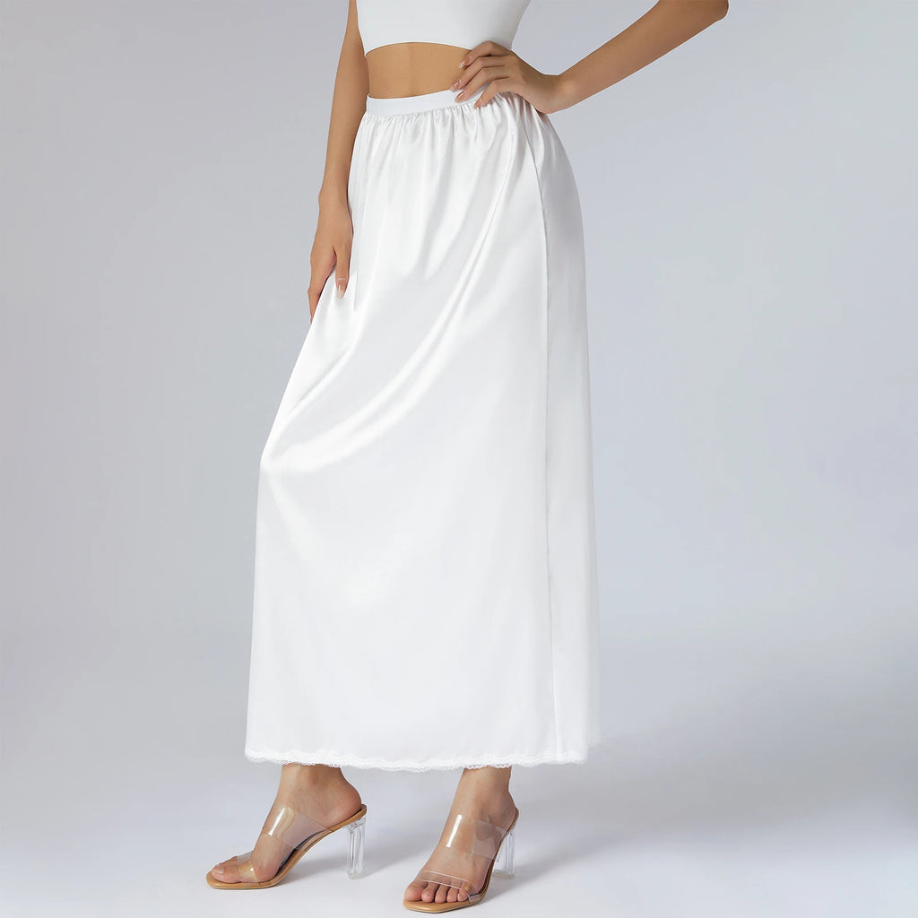 Elastic Waist Inner Lining Midi Skirt Women Solid Color Satin Half Slip Underskirt Long Underskirt for Ladies White/Black/Yellow