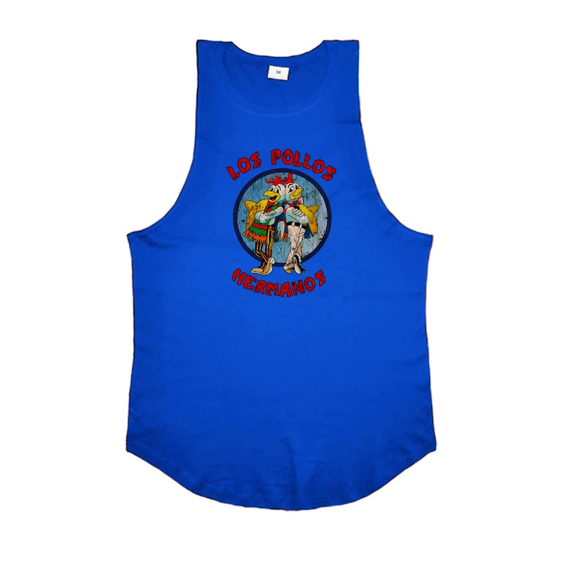 LOS POLLOS Hermanos Funny Printed Gym Clothing Mens Bodybuilding Fitness Running Tank Tops Cotton Cool Sleeveless Sport Shirt