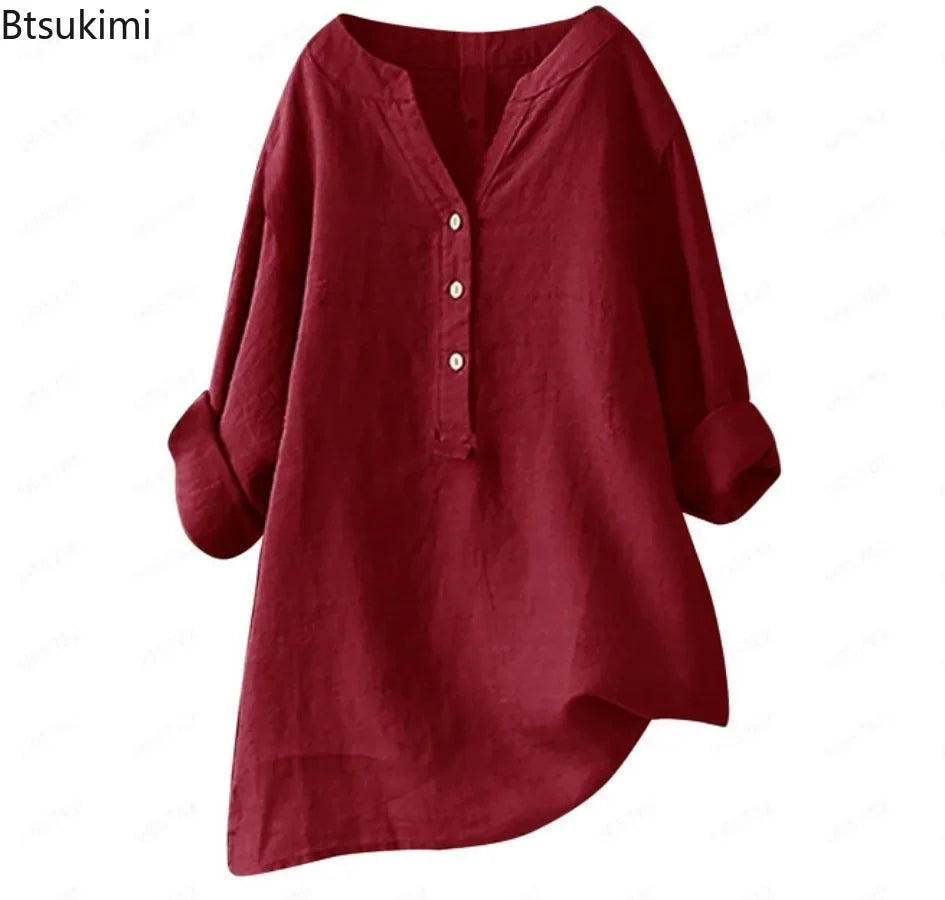 2025 Vintage Cotton Linen Shirts for Women Spring Summer Casual Loose Long Sleeve Shirt Ladies Oversize V-neck Blouse Tunic Tops