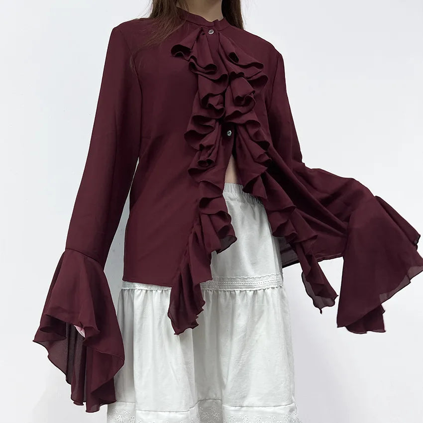 Elegant Ladies Chiffon Shirt Top Fashion O-Neck Trumpet Sleeve Ruffled Single-Breasted Loose Casual Solid Color Top