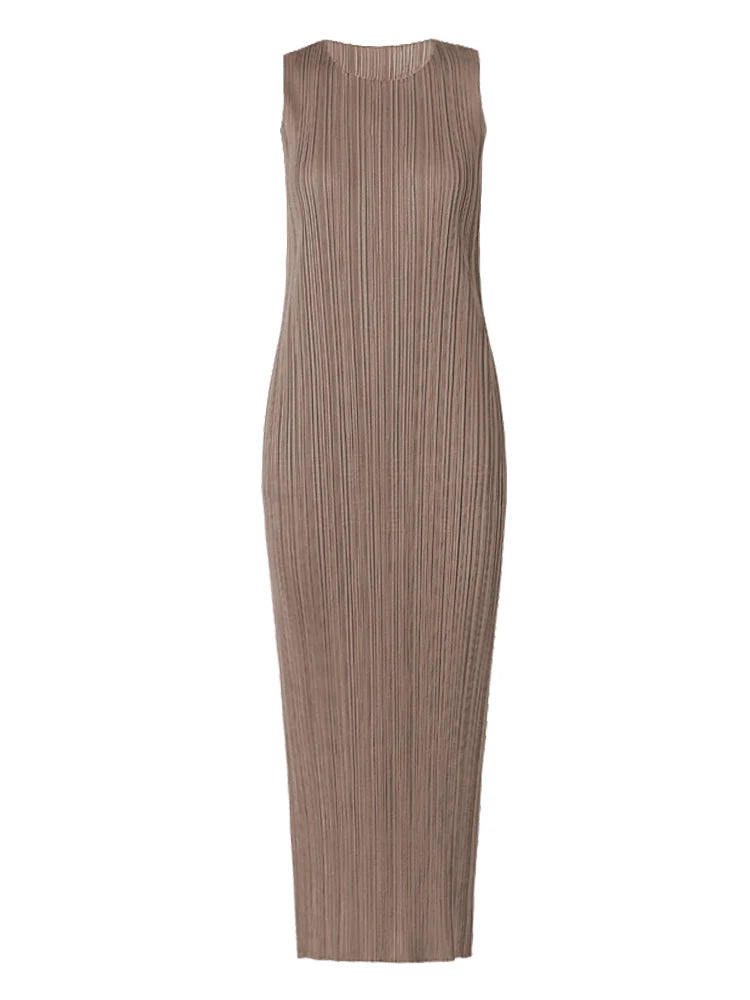 Miyake Pleated Women Dress Summer Sleeveless Long Classic Korean Fashion Casual Elegant Female Lce Water Blue Beach Dress TP5045