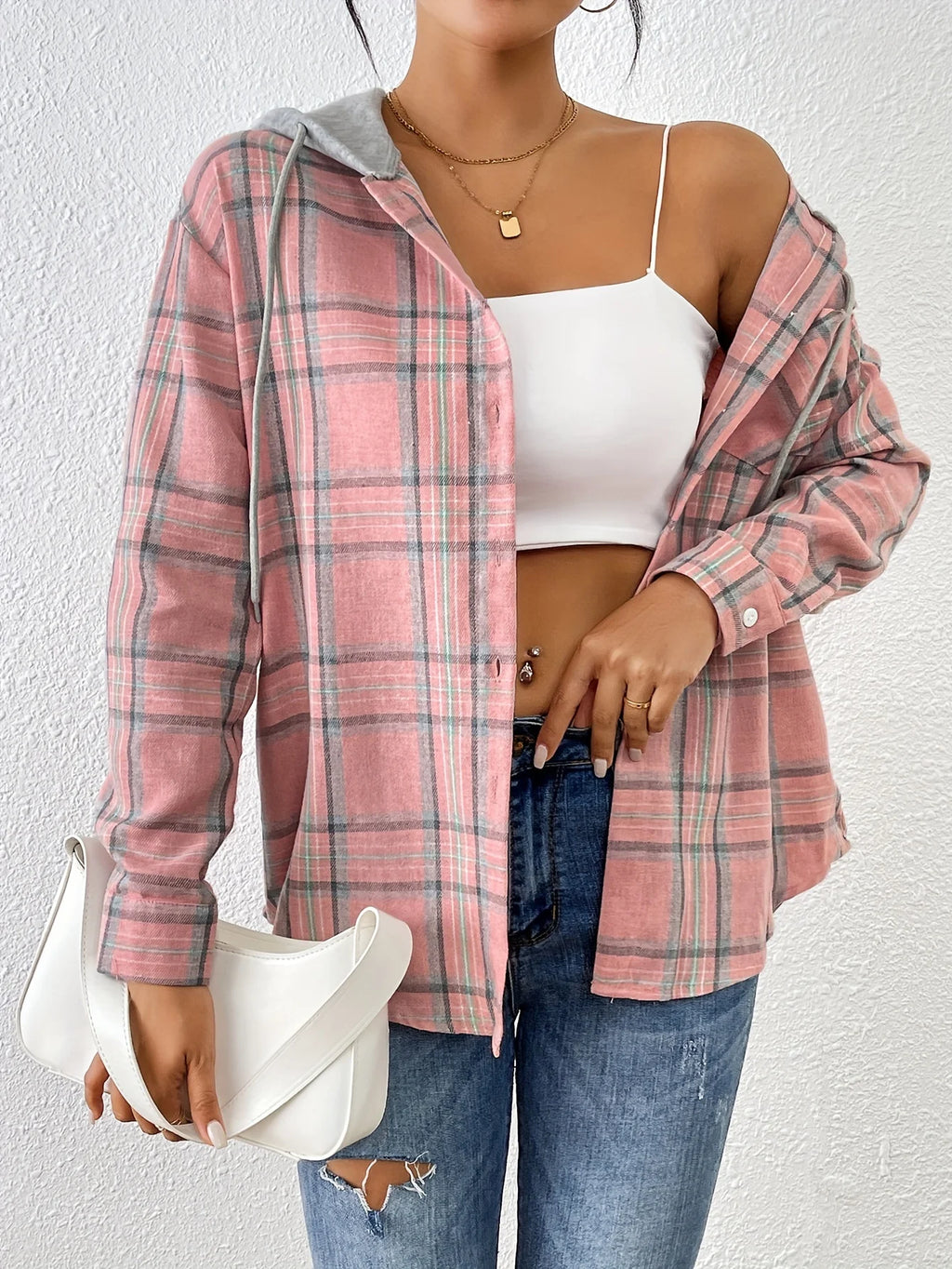 Spring Autumn Women Elegant Hooded Shirt Casual Plaid Loose Blouses Fashion Office Lady Long Sleeve Tops