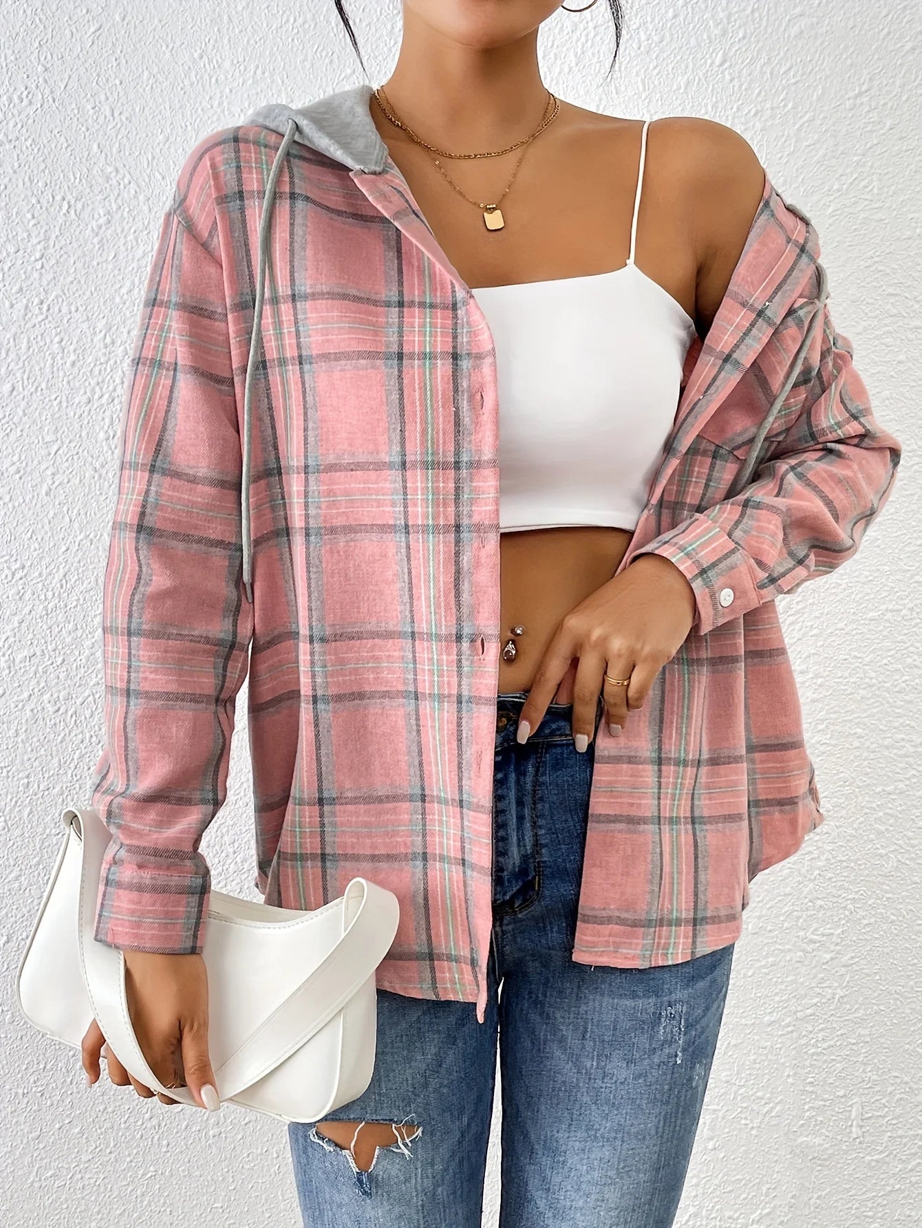 Spring Autumn Women Elegant Hooded Shirt Casual Plaid Loose Blouses Fashion Office Lady Long Sleeve Tops
