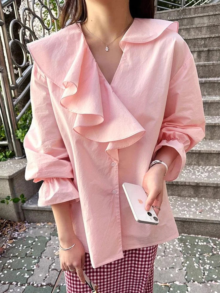 Zoki Sweet Ruffles Korean Shirts Women Loose Design V Neck Elegant Blouse Fashion Long Sleeve Spring Preppy Style Female Tops