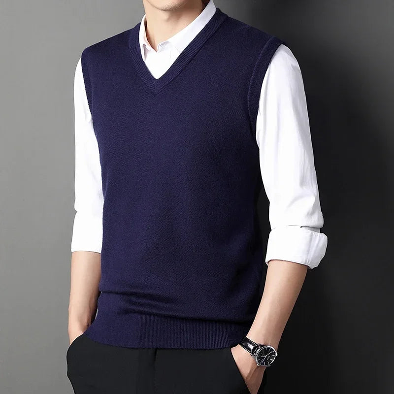 2024 Autumn Winter New Men's Solid Color V-neck Knitted Vest Casual Fashion Warm Sweater Versatile Top