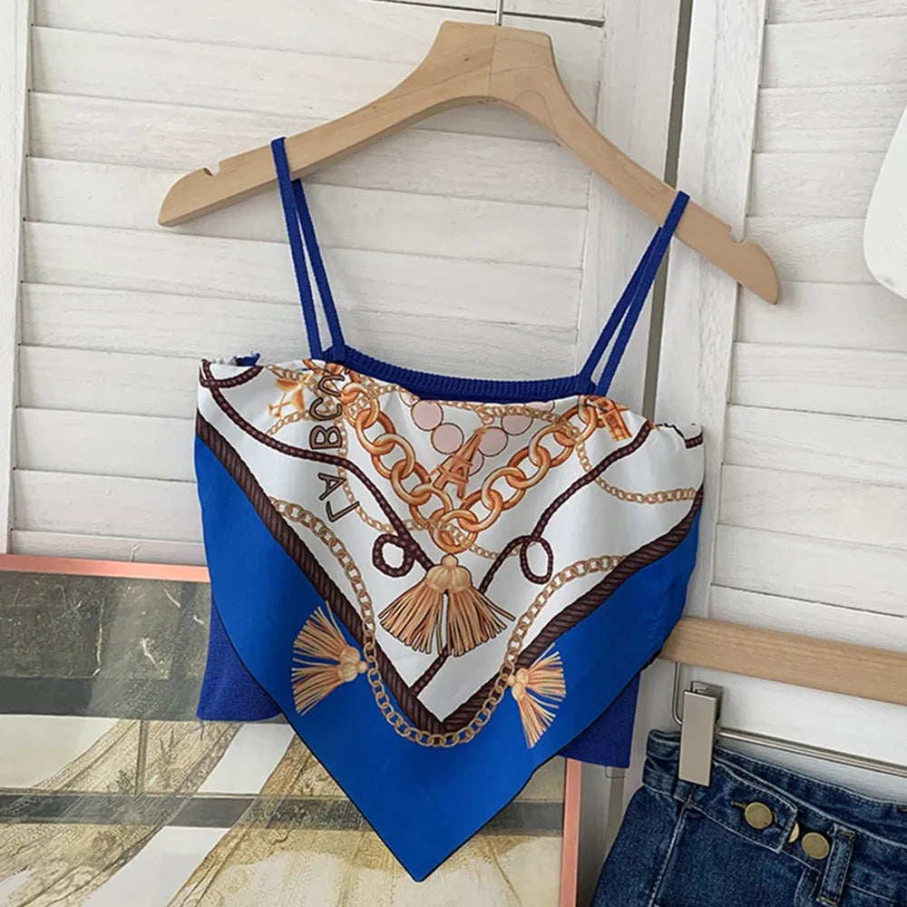 Women's Printed Sleeveless Tank Top Shirt Basic Solid Tank Top Fashion Satin Lace Up Italian Noodle Bandana Tube Crop Top
