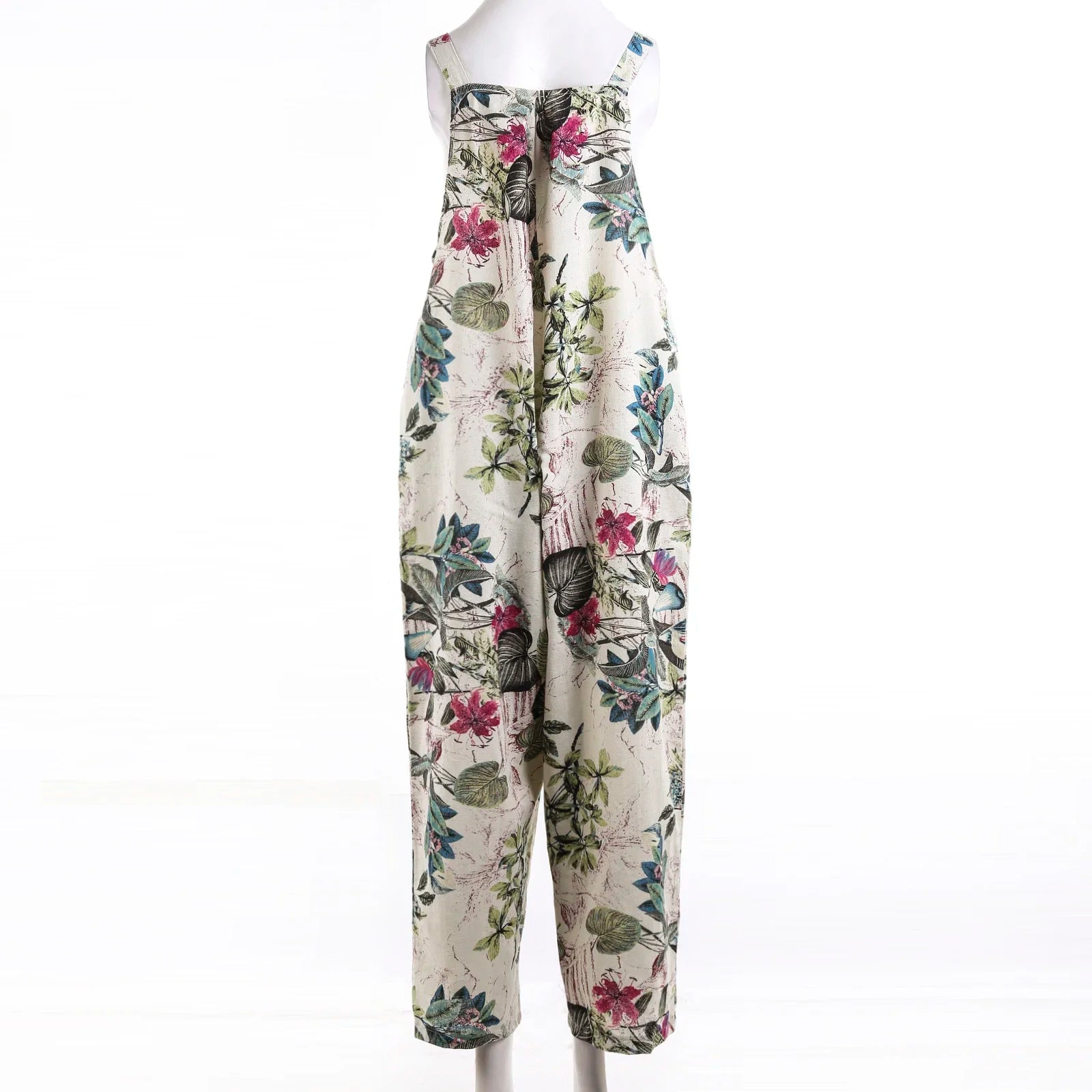 Combhasaki Women's S-3XL Cotton and Linen Jumpsuit Leaf Floral Print Square Neck Sleeveless Casual Loose Overalls with Pockets