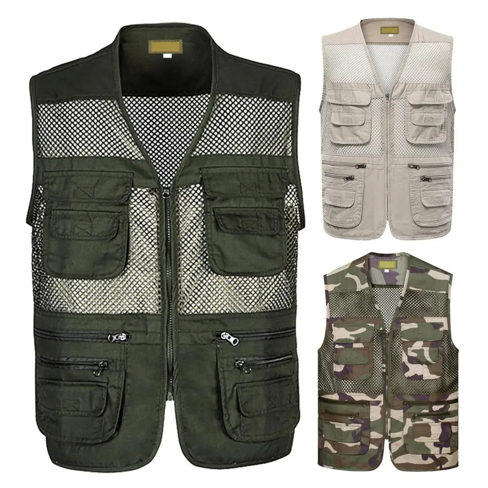 Men Sports Vest Lightweight Mesh Outdoor Sports Vest for Summer Camping Fishing Zipper Closure Waistcoat for Work Wear