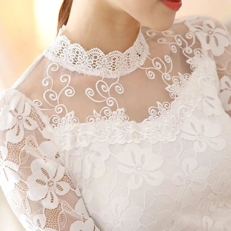 Women's Long-sleeved Lace Base Shirt 2024 Autumn New Trendy Women's Top Slim-fit Inner Wear Stand-up Collar Chiffon Blouse