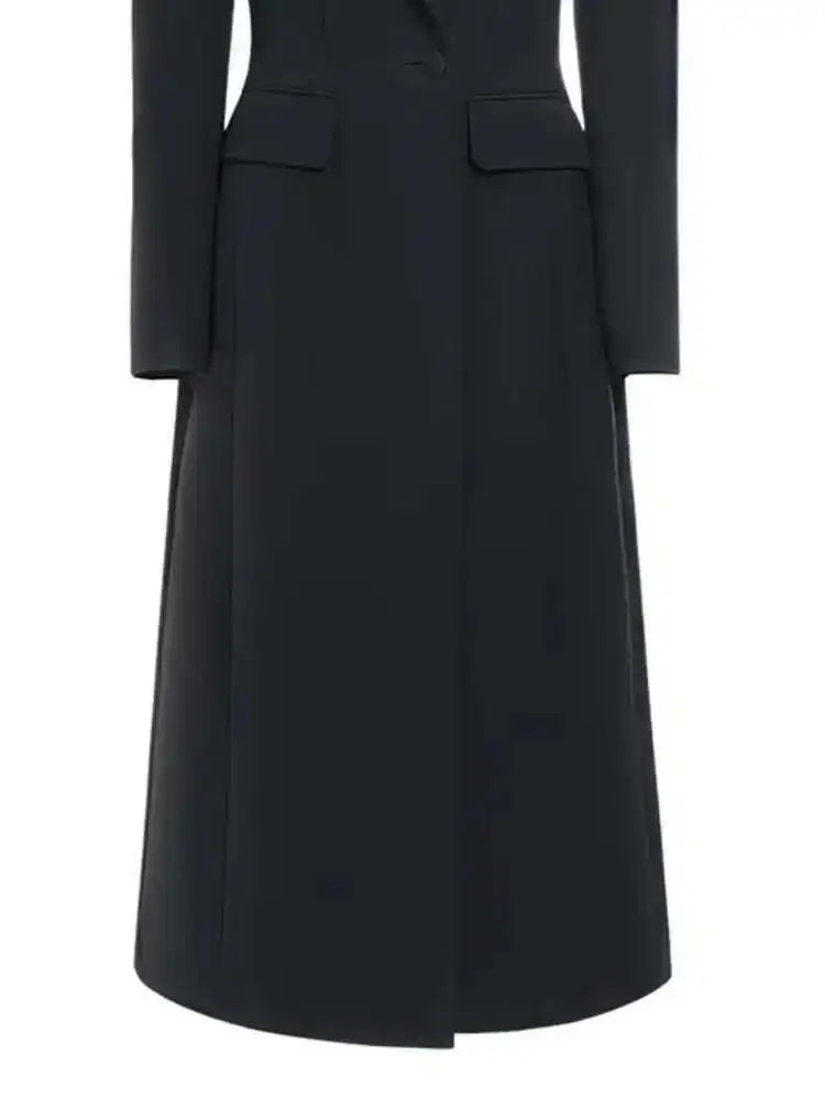 EAM Women Black Slim Ankle Length Blazer New Lapel Long Sleeve Single Button Jacket Fashion Tide Spring Autumn 2025 31A0382