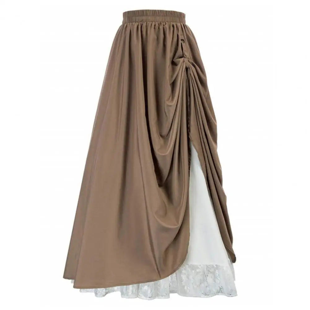 Women Retro Medieval Elastic Lace High Waist Boho Maxi Skirt Casual Drawstring A Line Shirtdresses Backless Vintage Bodycon