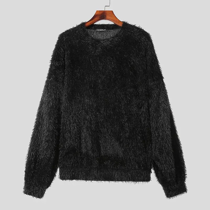 2023 Men Pullovers Solid Color Plush O-neck Long Sleeve Fashion Casual Men Clothing Streetwear Autumn Sweaters S-5XL INCERUN