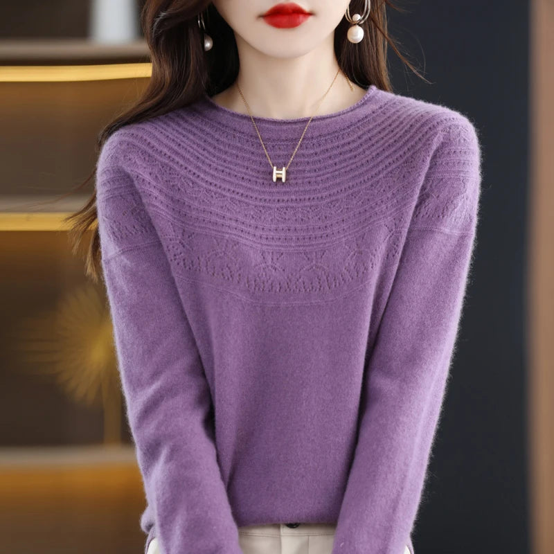 100% Merino Wool Knitted Sweater Autumn/Winter 2024 New Women's Round Neck Hollow Top 11 Color Pullover Versatile Coat NJR1107