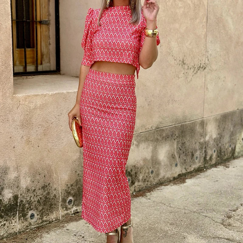 Chic Geometry Print Puff Sleeve Top+Dress Set Temperament O Neck Backless Evening Cloth 2pc Set Summer Fashion Slit Skirt Suits