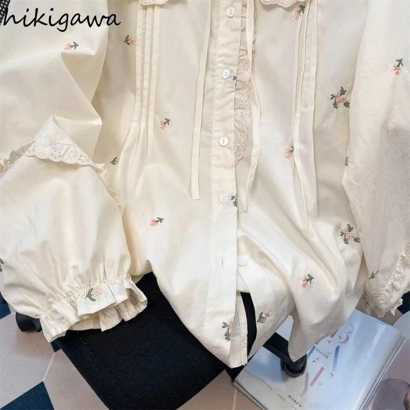 Rabbit Embroidery Peter Pan Collar Blouse Women Clothing Long Sleeve Floral Shirts 2025 Blusas Mujer De Moda Ruffles Sweet Tops
