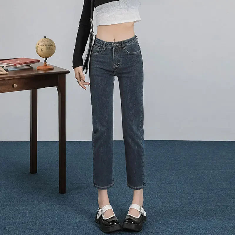 Charcoal Grey High-waist Straight-leg Jeans For Women Versatile Slimming Autumn/winter Pants