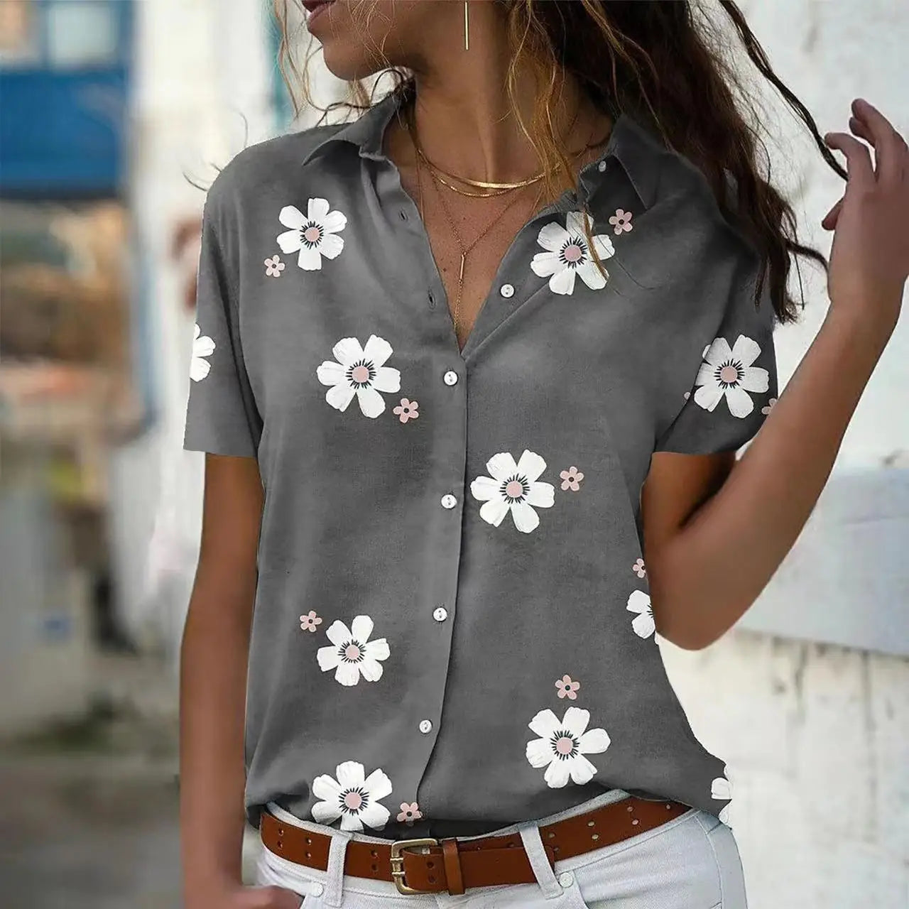 Women's Spring Summer New Style Slimming Fashion Flower Printed Short Sleeve Collar Loose Casual Comfortable Button Shirt