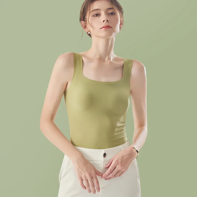 HELIAR Women Summer Seamless Solid Tank Top With Bra Pad Square Collar Ice Silk Comfort Crop Top Sleeveless Street Sports Camis