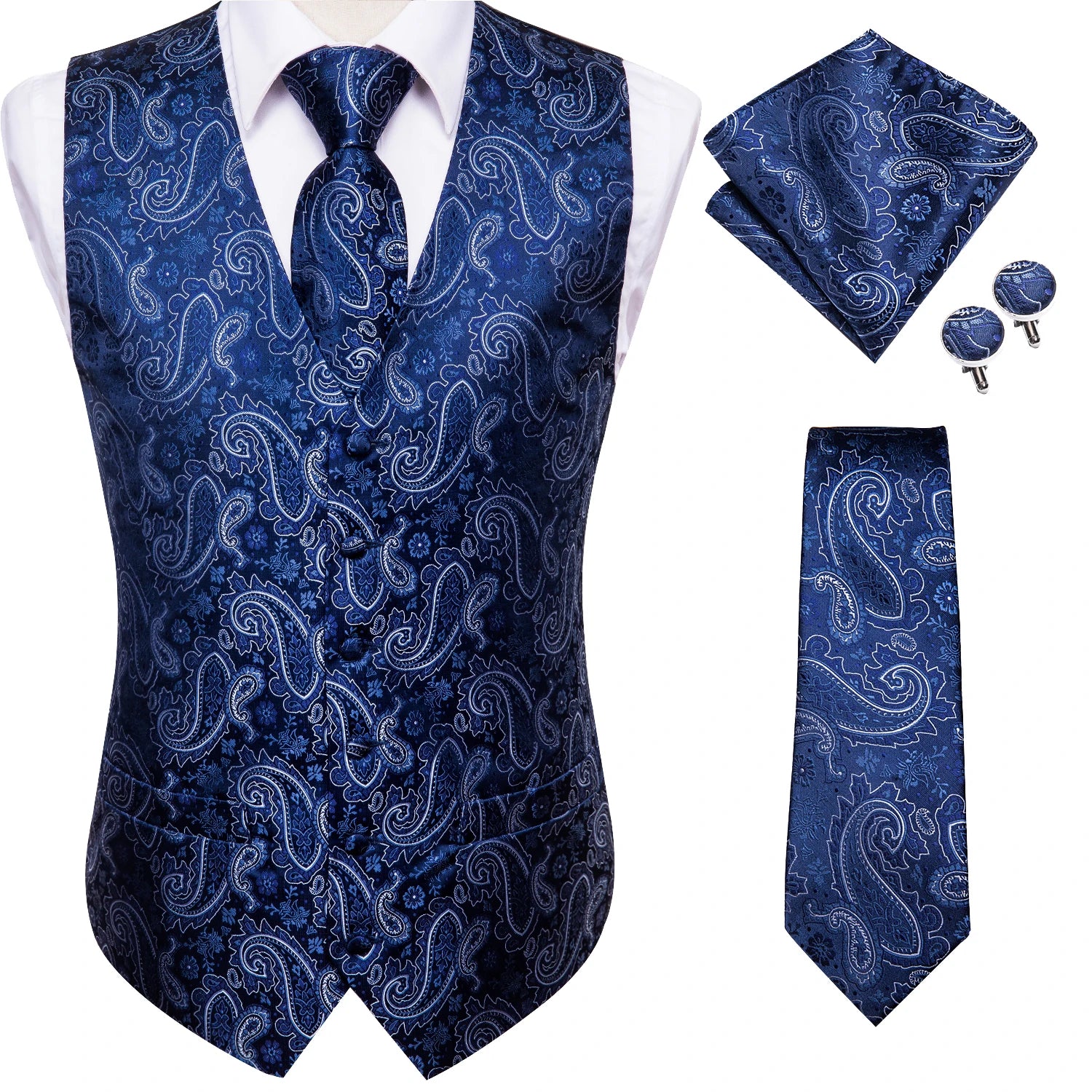 Hi-Tie Navy Blue Mens Vest Formal Silk Paisley Waistcoat Jacket Tie Handkerchief Cufflinks Set For Male Dress Suit Wedding Party