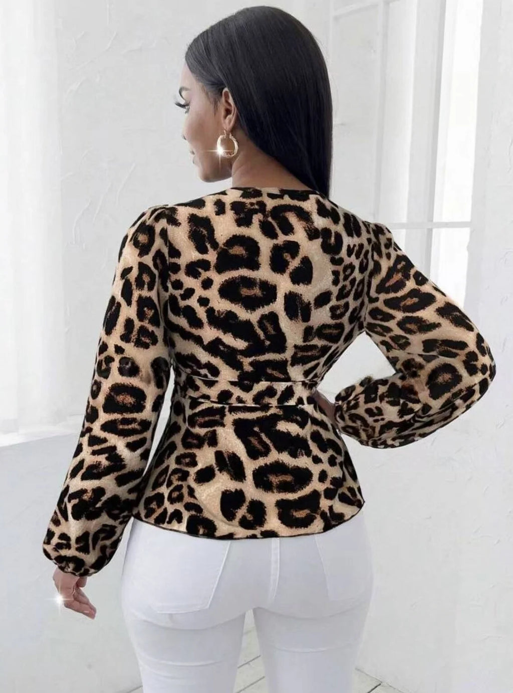 European and American leopard print spring and autumn fashionable and versatile lacing waist cinching slim long-sleeve shirt