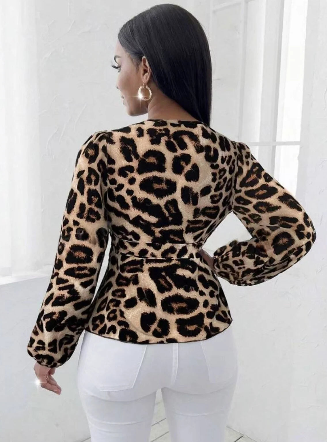 European and American leopard print spring and autumn fashionable and versatile lacing waist cinching slim long-sleeve shirt
