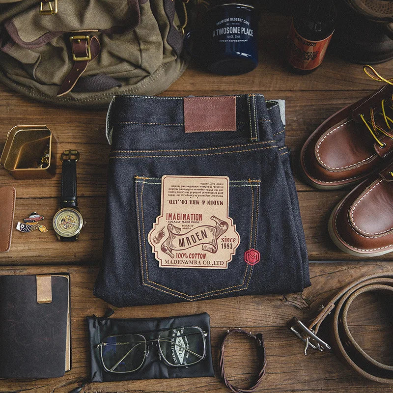 Maden Vintage 14.5oz Selvedge Raw Denim Jeans with YKK Zipper Fly Embroidery Straight Jeans Classic Men's Solid Color Trousers